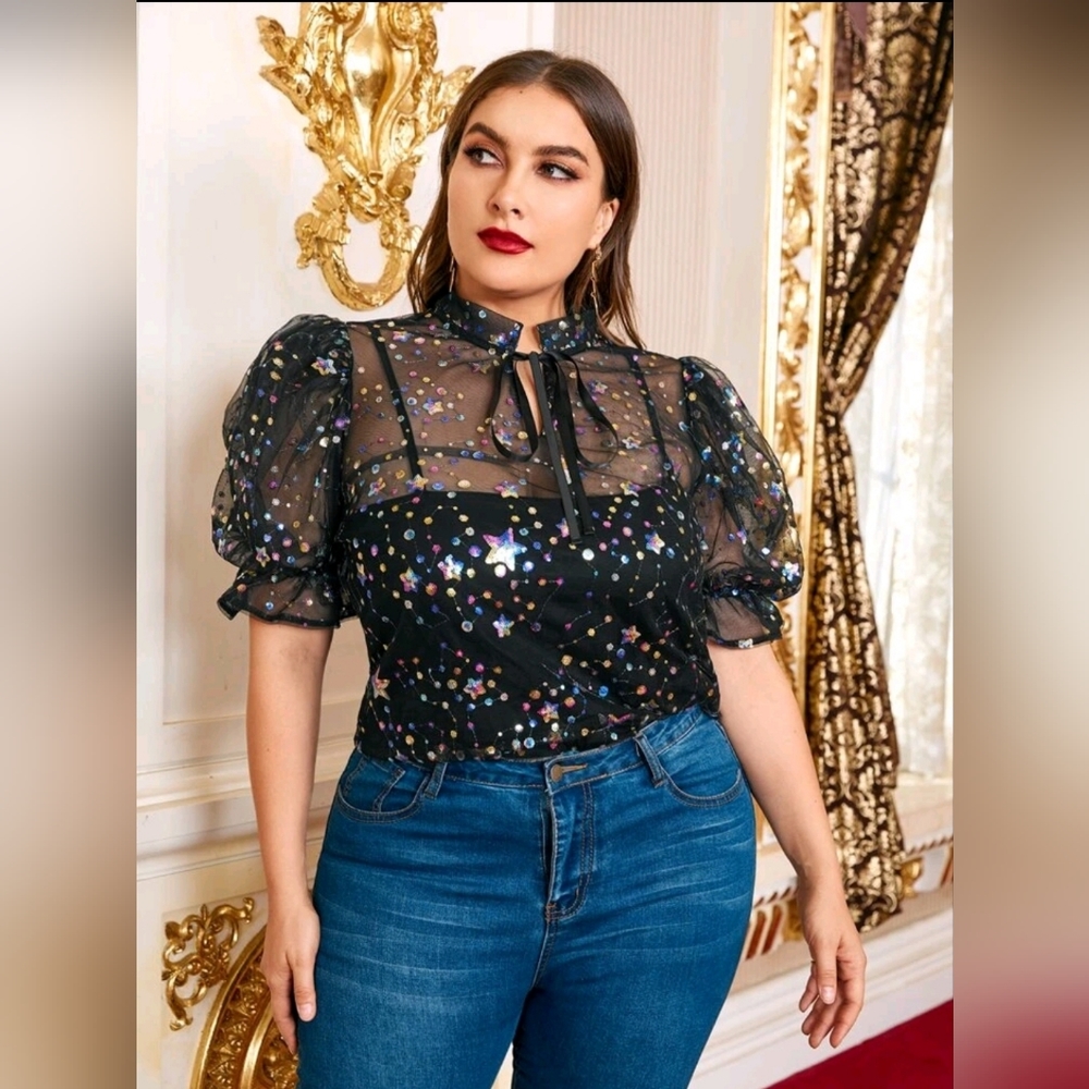SHEIN Plus Size 0XL -12, Tie Neck Sequin Galaxy Sheer Mesh Top